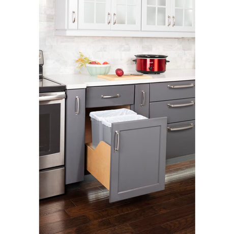 Hardware Resources CDM-WBMD3518G Double 35 Quart Wood Bottom-Mount Soft-close Trashcan Pullout for Door Mounting, Includes Two Grey Cans