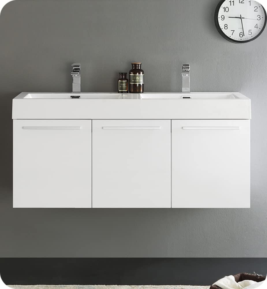 Fresca FCB8092WH-D Fresca Vista 48" White Wall Hung Double Sink Modern Bathroom Cabinet