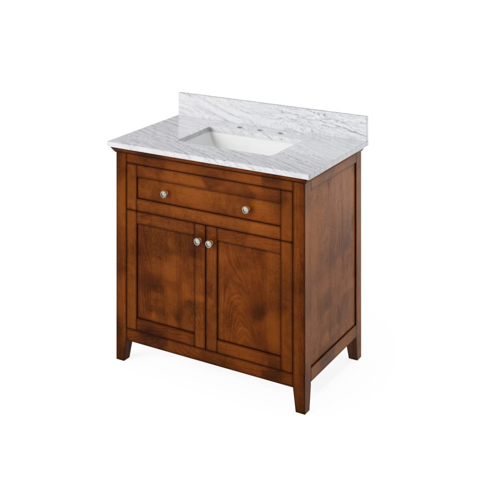 Jeffrey Alexander VKITCHA36CHWCR 36" Chocolate Chatham Vanity, White Carrara Marble Vanity Top, undermount rectangle bowl