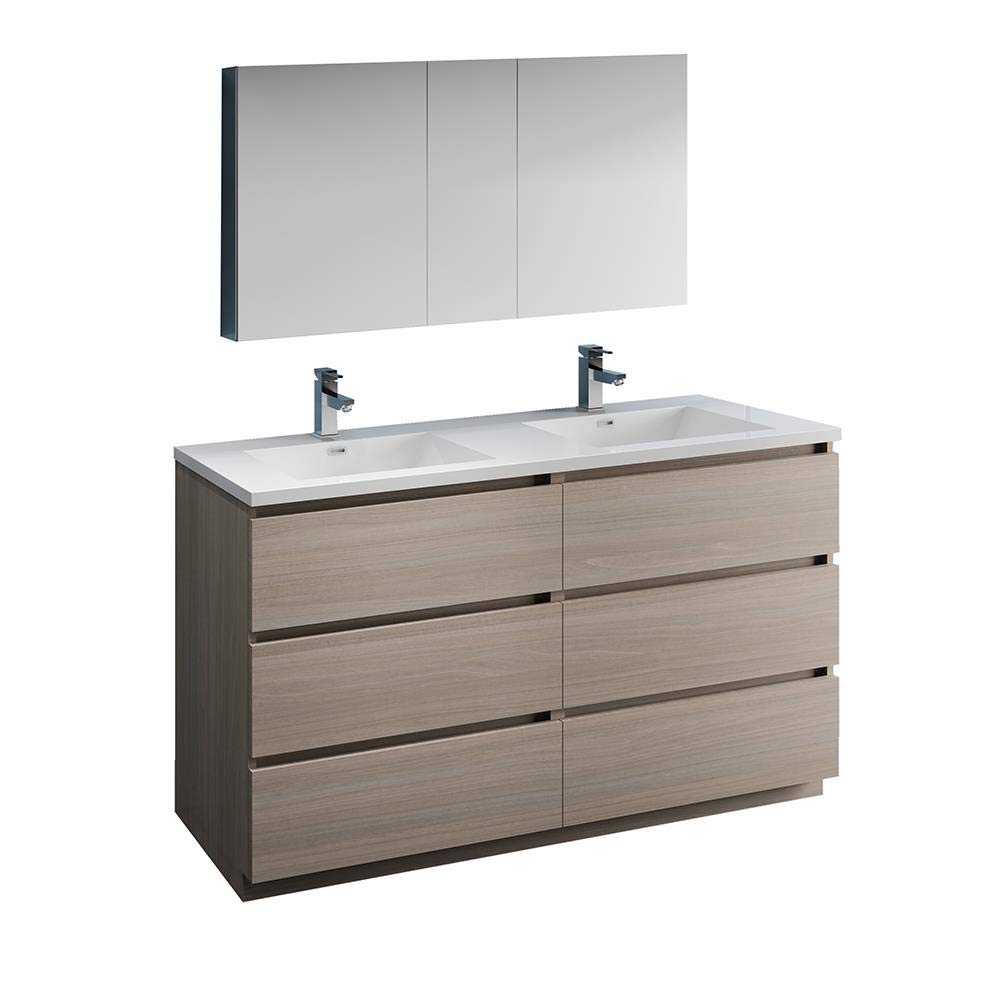 Fresca FVN93-3030MGO-D Fresca Lazzaro 60" Gray Wood Free Standing Double Sink Modern Bathroom Vanity w/ Medicine Cabinet