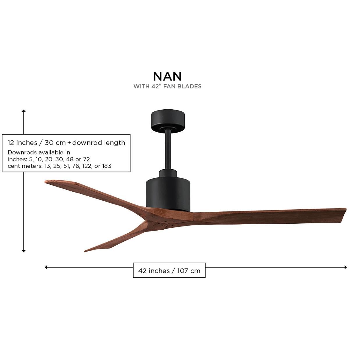 Matthews Fan NK-BK-WA-42 Nan 6-speed ceiling fan in Matte Black finish with 42” solid walnut tone wood blades