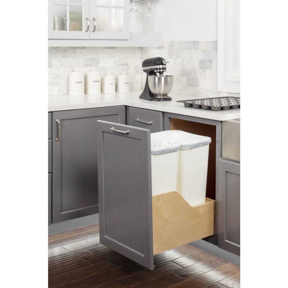 Hardware Resources CDM-WBMD5018WH Double 50 Quart Wood Bottom-Mount Soft-close Trashcan Pullout for Door Mounting, Includes Two White Cans