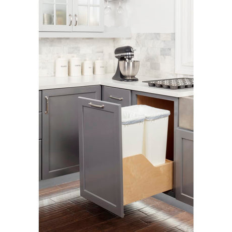 Hardware Resources CDM-WBMD5018WH Double 50 Quart Wood Bottom-Mount Soft-close Trashcan Pullout for Door Mounting, Includes Two White Cans