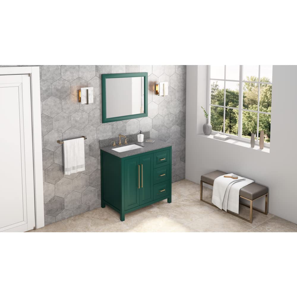 Jeffrey Alexander VKITCAD36GNBOR 36" Forest Green Cade Vanity, left offset, Boulder Vanity Cultured Marble Vanity Top, undermount rectangle bowl