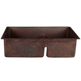 Premier Copper Products K60DB33199-SD5 33" Hammered Copper Kitchen 60/40 Double Basin Sink with Short 5" Divider