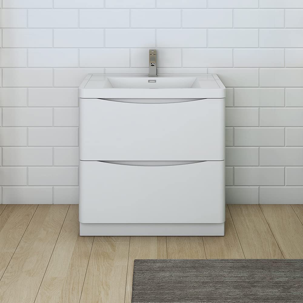 Fresca FCB9132WH-I Fresca Tuscany 32" Glossy White Free Standing Modern Bathroom Cabinet w/ Integrated Sink