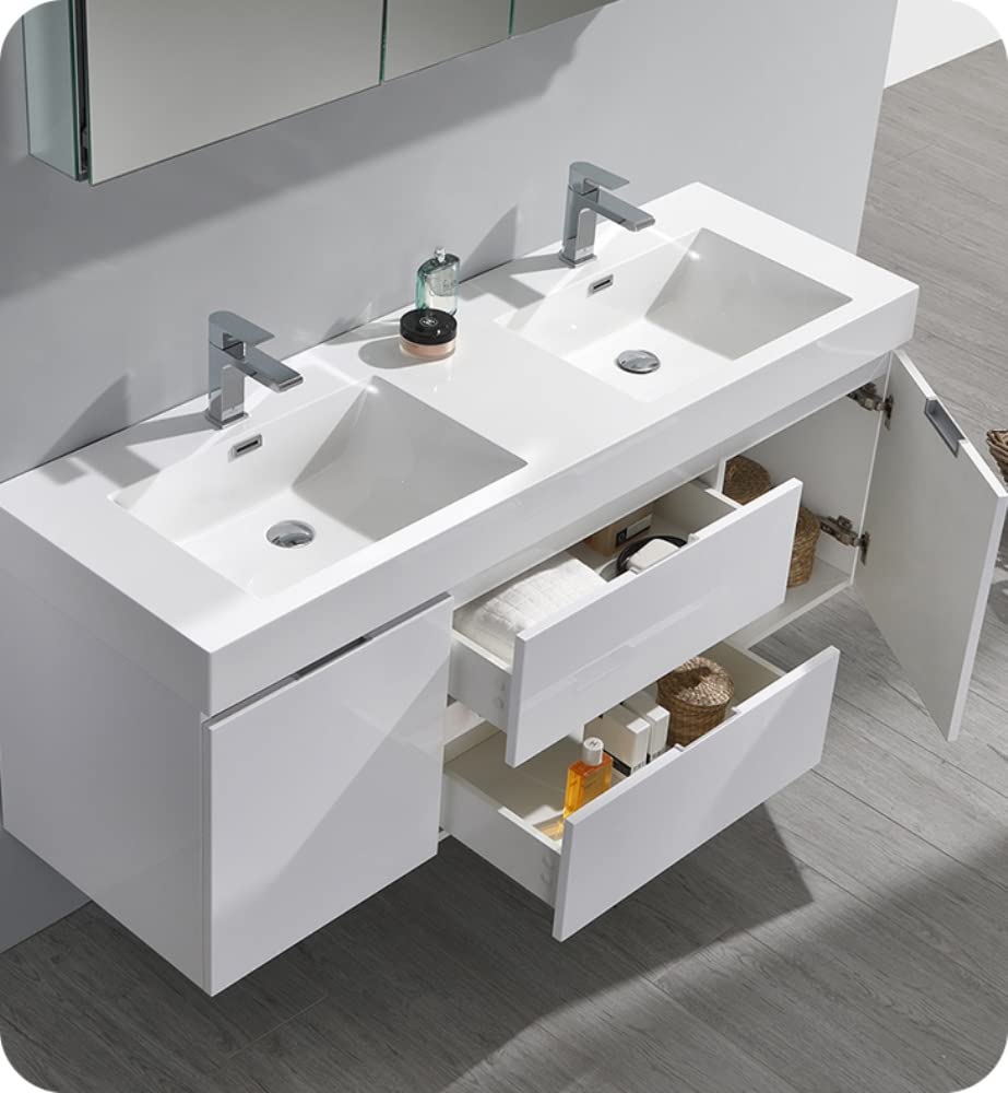 Fresca FCB8360WH-D Fresca Valencia 60" Glossy White Wall Hung Double Sink Modern Bathroom Cabinet