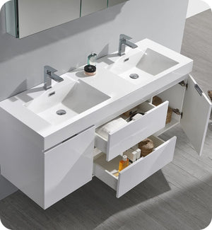 Fresca FCB8360WH-D Fresca Valencia 60" Glossy White Wall Hung Double Sink Modern Bathroom Cabinet