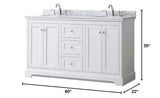 Avery 60 Inch Double Bathroom Vanity in White White Carrara Marble Countertop Undermount Oval Sinks and No Mirror