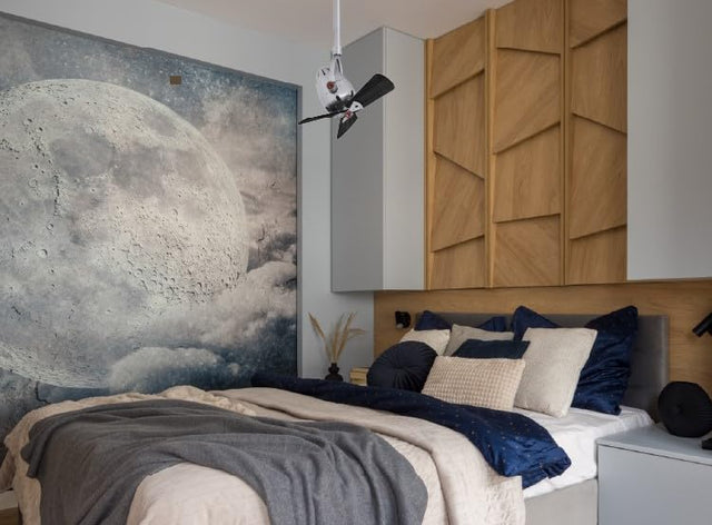 Matthews Fan DI-CR-WDBK Diane oscillating ceiling fan in Polished Chrome finish with solid matte black wood blades.
