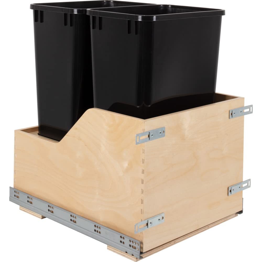 Hardware Resources CDM-WBMD5018B Double 50 Quart Wood Bottom-Mount Soft-close Trashcan Pullout for Door Mounting, Includes Two Black Cans