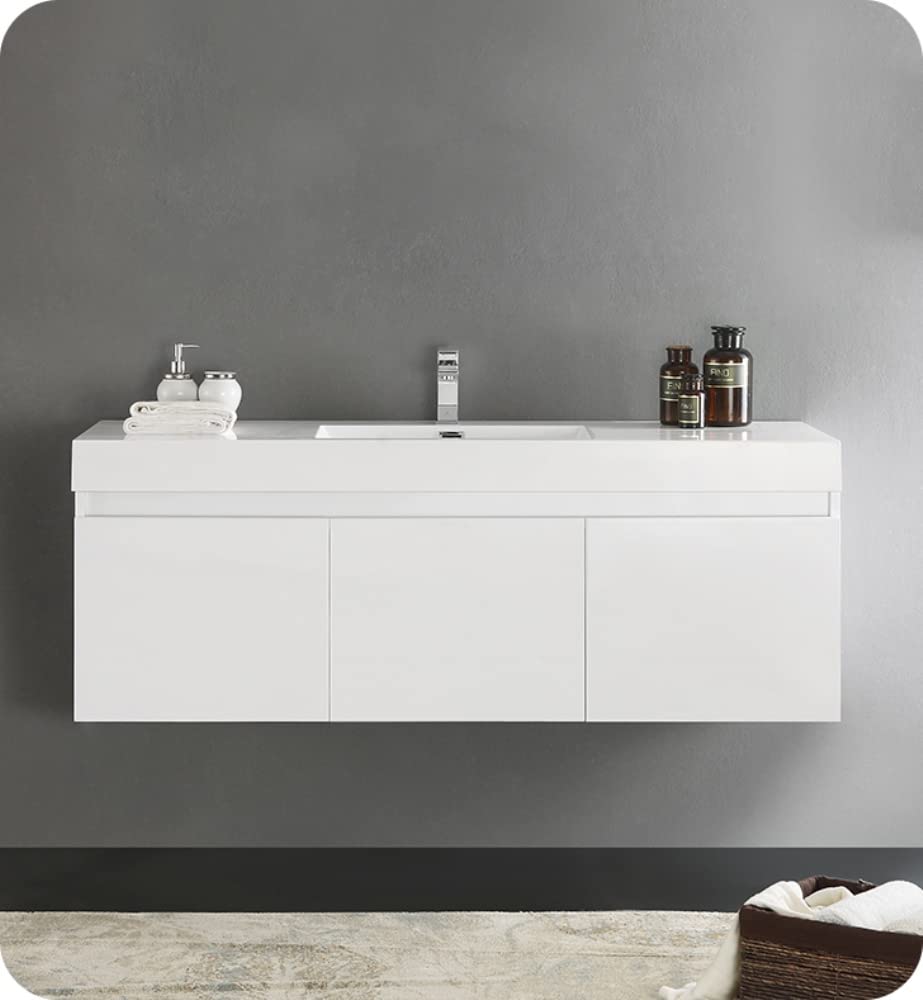 Fresca FCB8041WH Fresca Mezzo 60" White Wall Hung Single Sink Modern Bathroom Cabinet