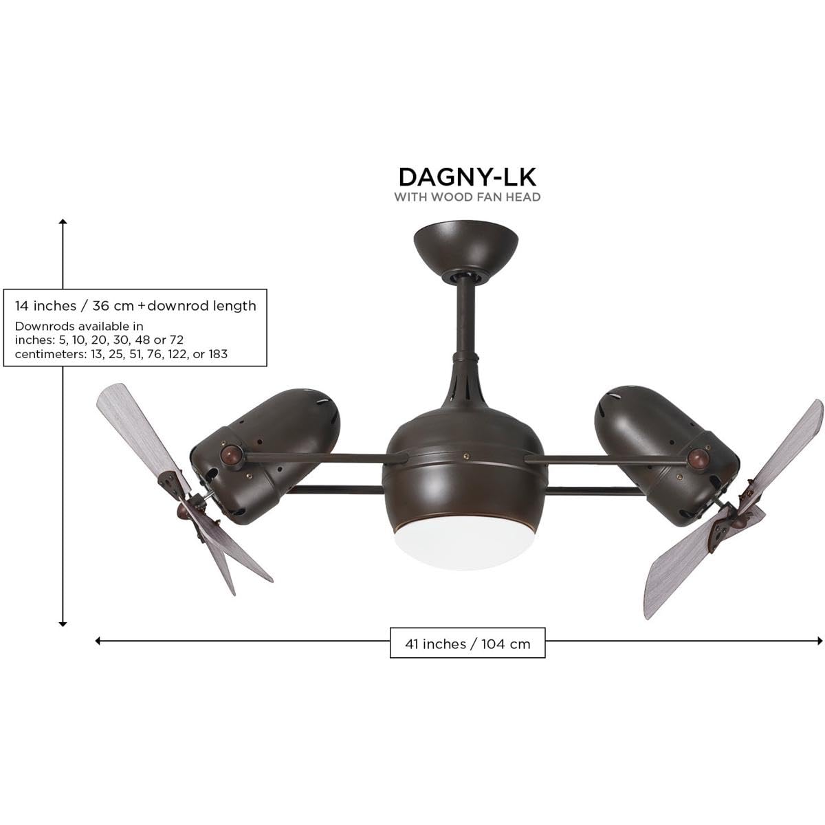 Matthews Fan DGLK-BK-WD Dagny 360° double-headed rotational ceiling fan with light kit in Matte Black finish with solid mahogany tone wood blades.