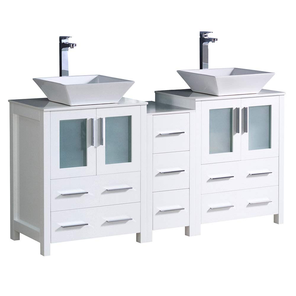 Fresca FCB62-241224WH-CWH-V Fresca Torino 60" White Modern Double Sink Bathroom Cabinets w/ Tops & Vessel Sinks