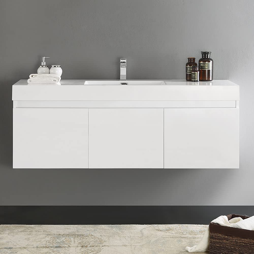 Fresca FCB8041WH-I Fresca Mezzo 60" White Wall Hung Single Sink Modern Bathroom Cabinet w/ Integrated Sink