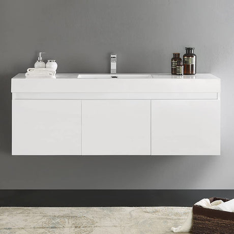 Fresca FCB8041TK-I Fresca Mezzo 60" Teak Wall Hung Single Sink Modern Bathroom Cabinet w/ Integrated Sink
