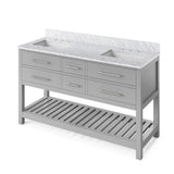 Jeffrey Alexander VKITWAV60GRWCR 60" Grey Wavecrest Vanity, double bowl, White Carrara Marble Vanity Top, two undermount rectangle bowls