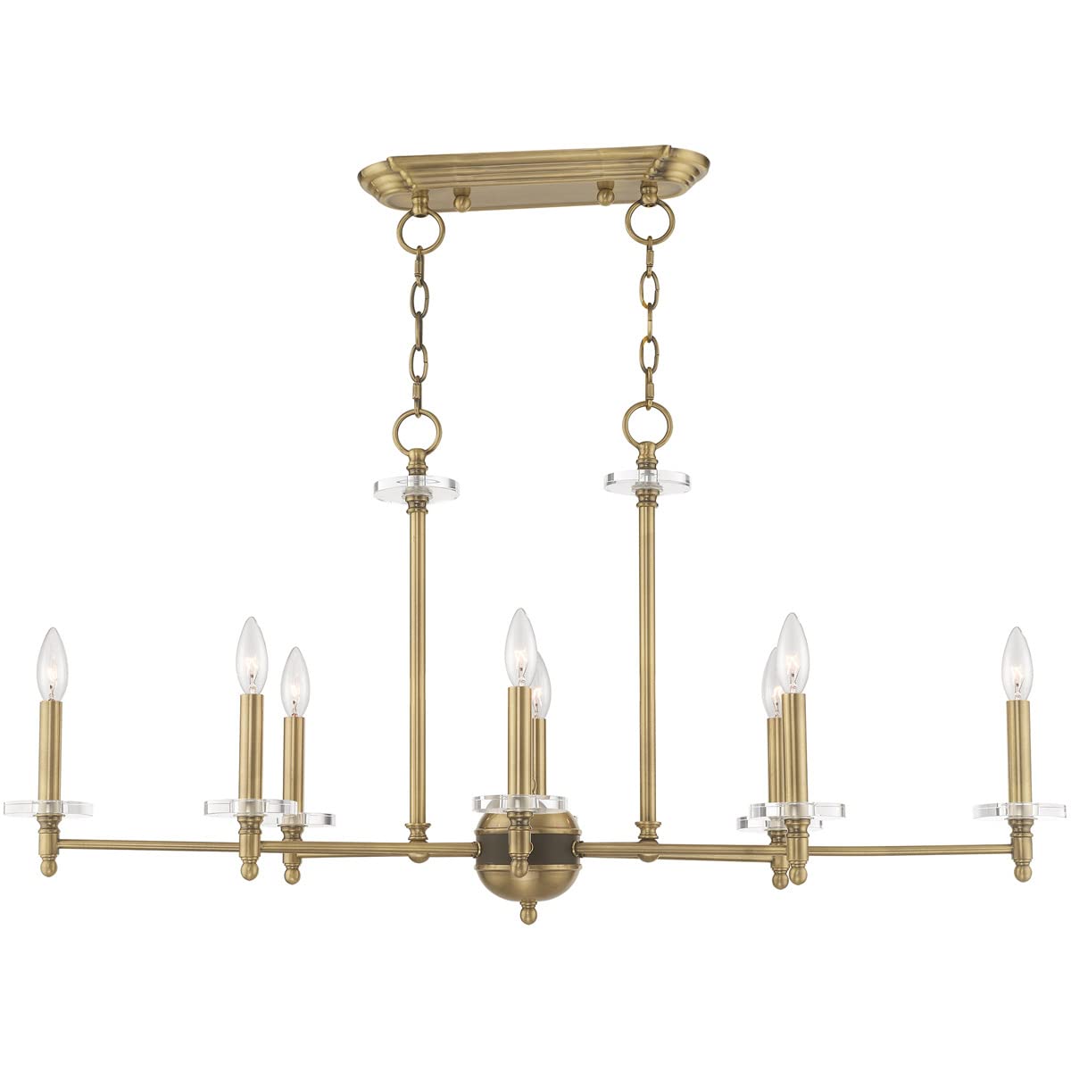 Livex Lighting 42708-01 Bancroft - Eight Light Linear Chandelier, Antique Brass Finish with Clear Bobeche Crystal