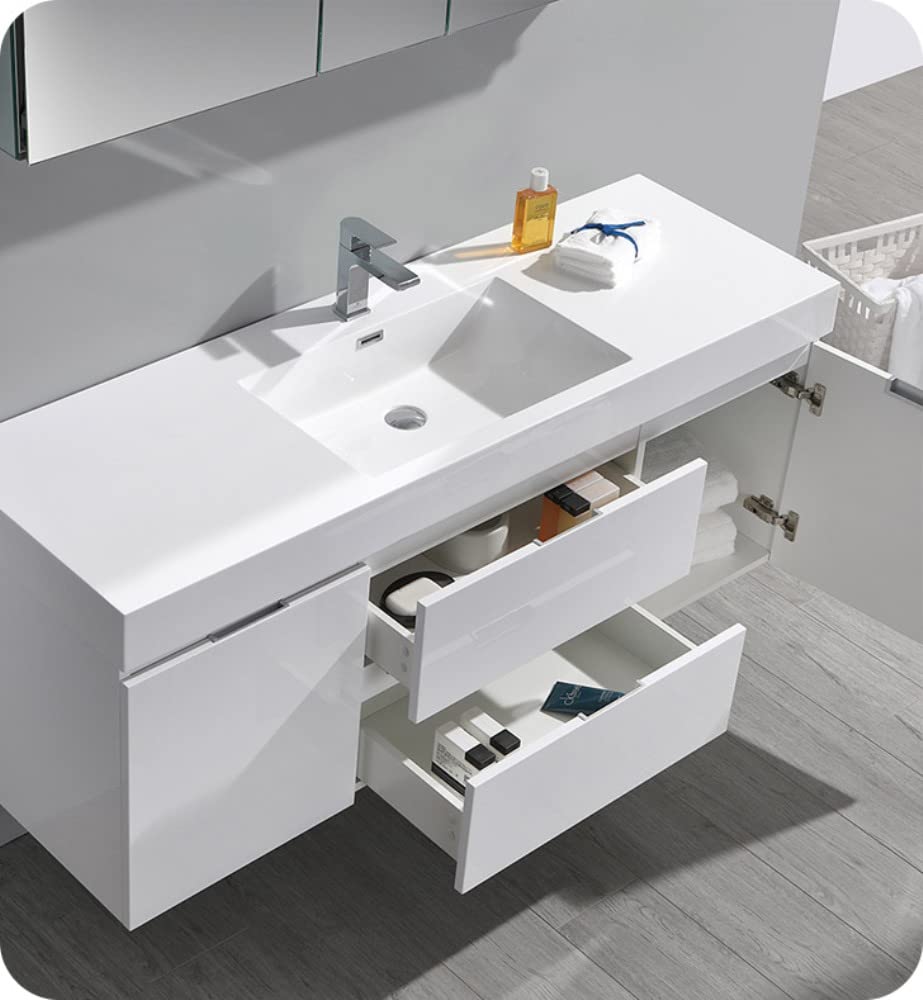 Fresca FCB8360WH Fresca Valencia 60" Glossy White Wall Hung Single Sink Modern Bathroom Cabinet