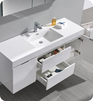 Fresca FCB8360WH Fresca Valencia 60" Glossy White Wall Hung Single Sink Modern Bathroom Cabinet