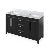 Jeffrey Alexander VKITCAD60BKWCR 60" Black Cade Vanity, double bowl, White Carrara Marble Vanity Top, two undermount rectangle bowls