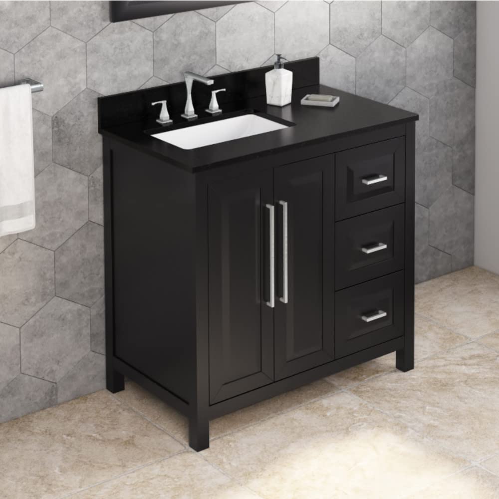 Jeffrey Alexander VKITCAD36BKBGR 36" Black Cade Vanity, left offset, Black Granite Vanity Top, undermount rectangle bowl