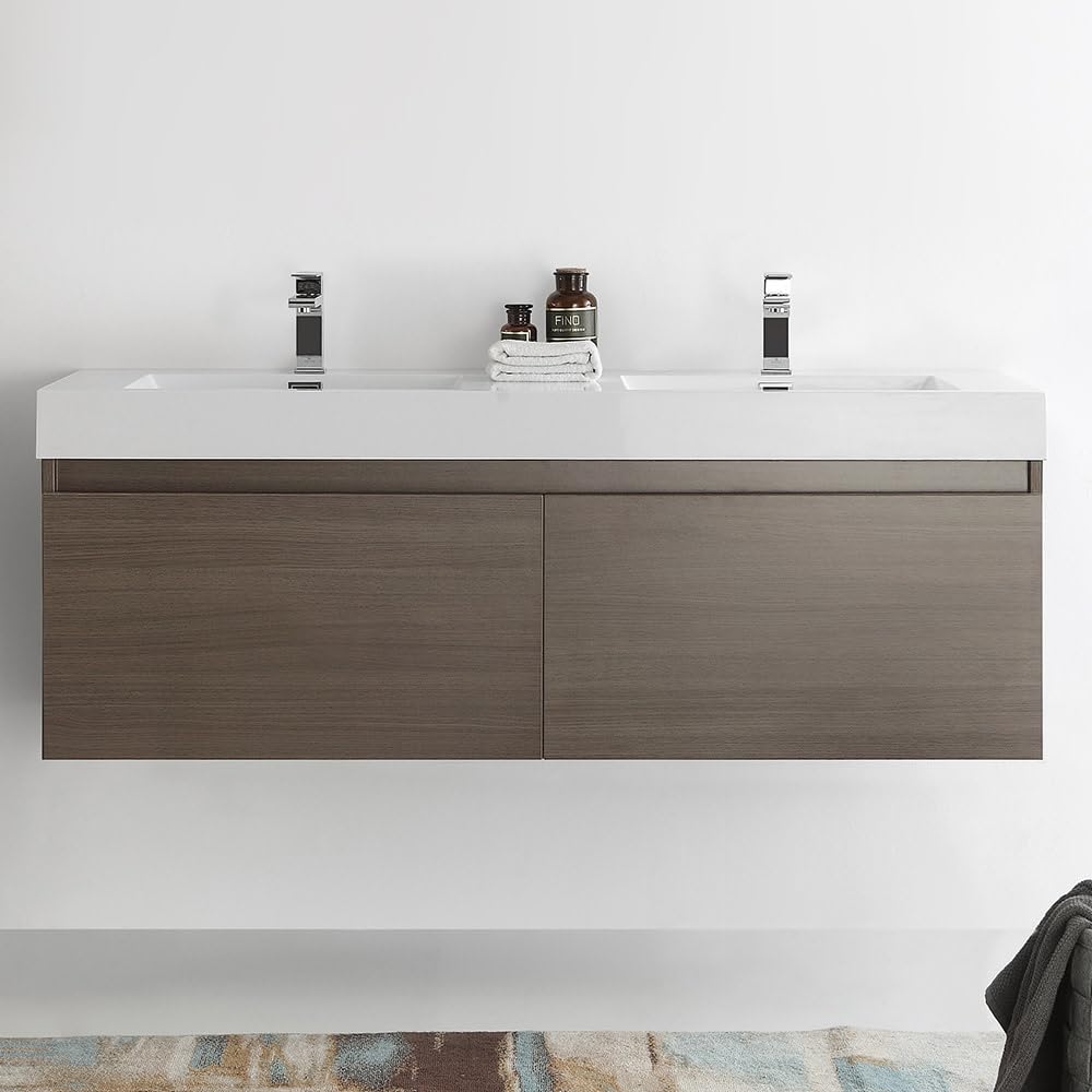 Fresca FCB8042TK-I Fresca Mezzo 60" Teak Wall Hung Double Sink Modern Bathroom Cabinet w/ Integrated Sink