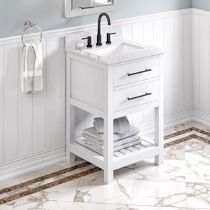 Jeffrey Alexander VKITWAV24WHWCR 24" White Wavecrest Vanity, White Carrara Marble Vanity Top, undermount rectangle bowl