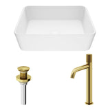 VIGO VGT2048 14.38" L -17.75" W -5.0" H Matte Stone Marigold Composite Rectangular Vessel Bathroom Sink in White with Faucet and Pop-Up Drain in Matte Gold