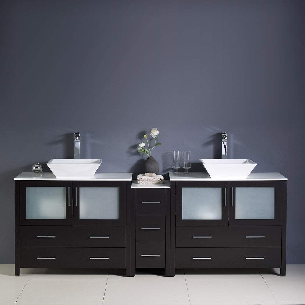 Fresca FCB62-361236WH-CWH-V Fresca Torino 84" White Modern Double Sink Bathroom Cabinets w/ Tops & Vessel Sinks