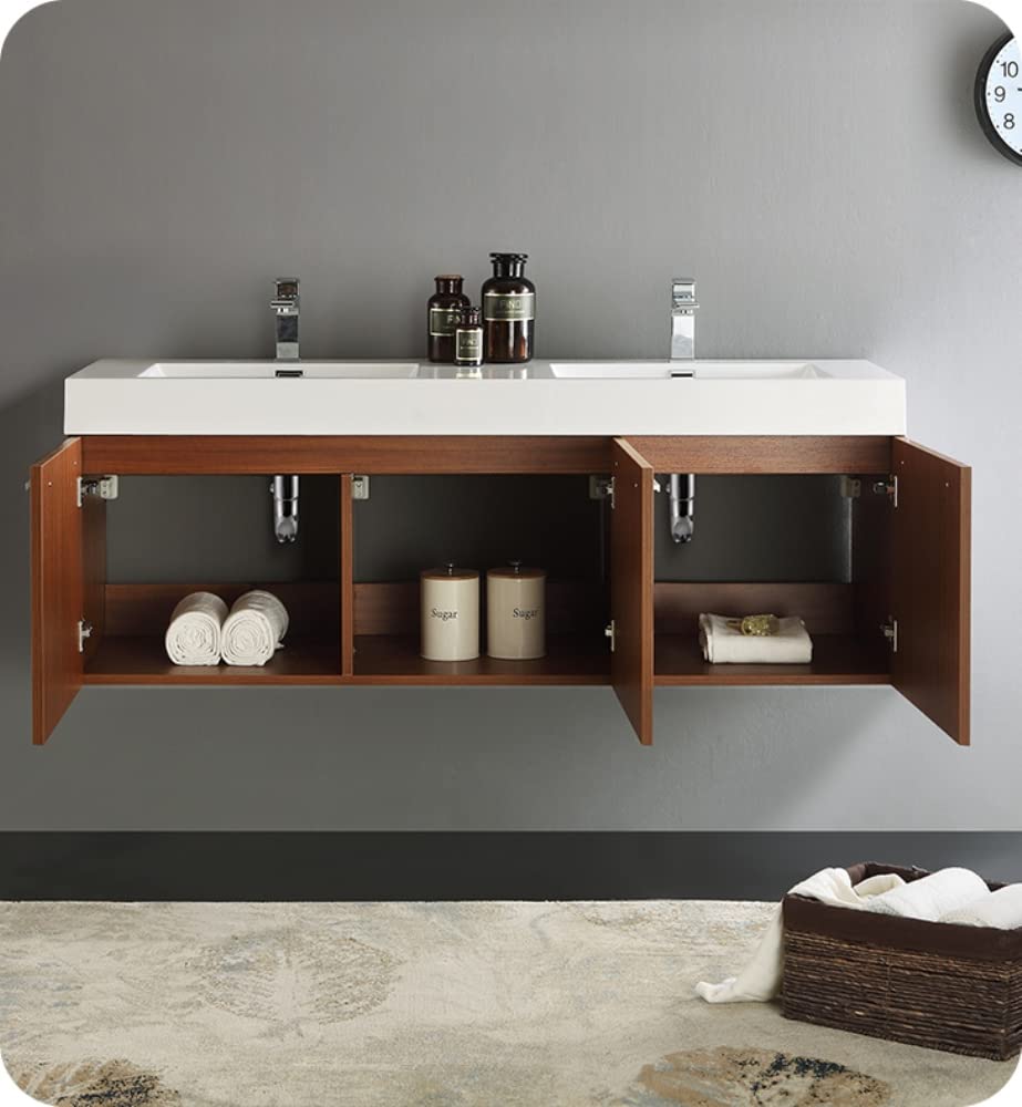 Fresca FCB8093TK-D Fresca Vista 60" Teak Wall Hung Double Sink Modern Bathroom Cabinet