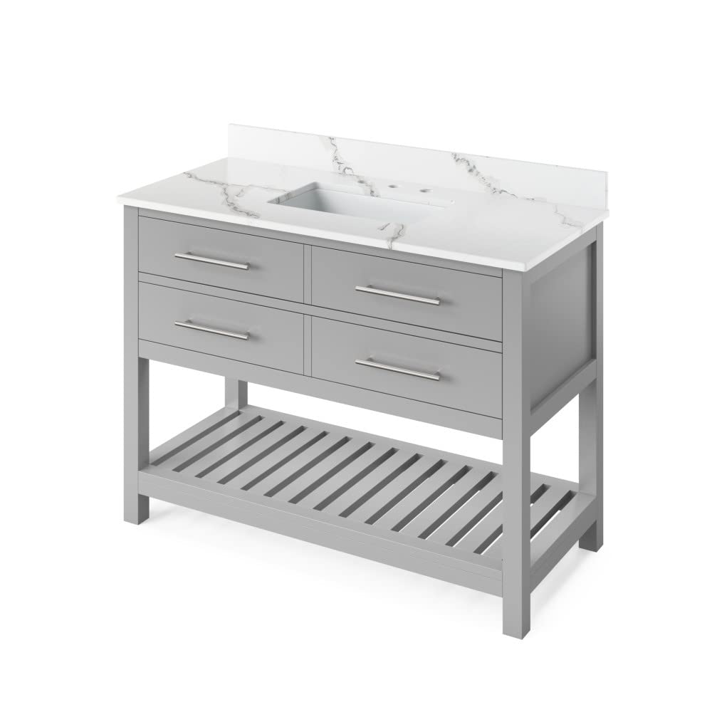 Jeffrey Alexander VKITWAV48GRCQR 48" Grey Wavecrest Vanity, Calacatta Vienna Quartz Vanity Top, undermount rectangle bowl