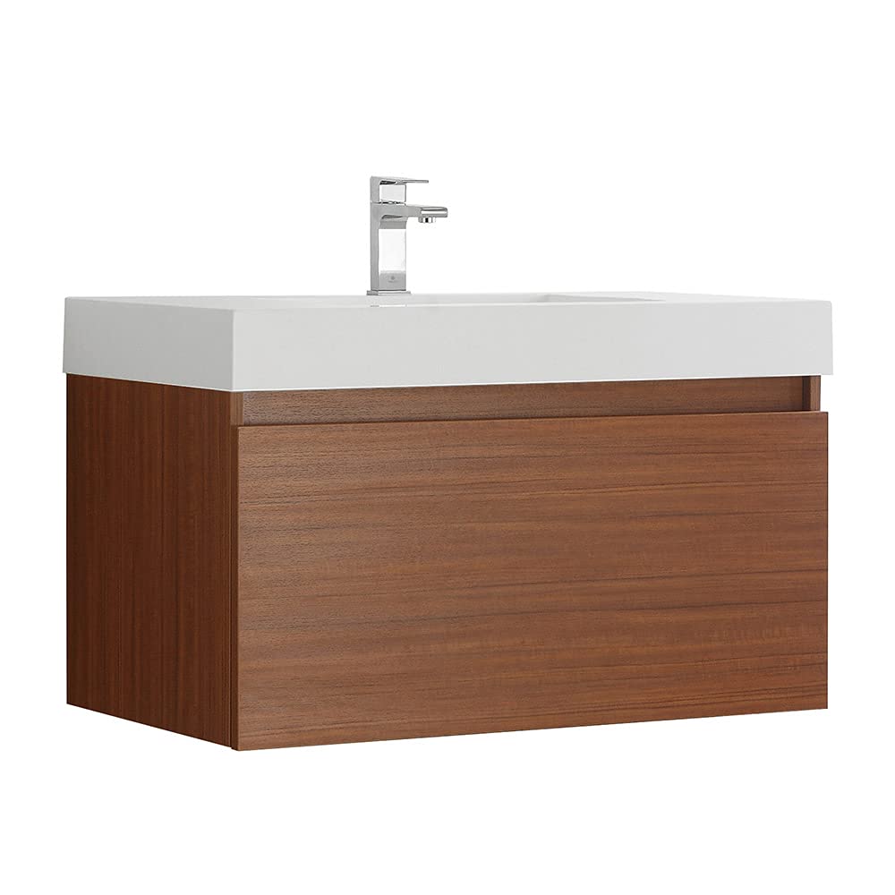 Fresca FCB8008TK-I Fresca Mezzo 36" Teak Wall Hung Modern Bathroom Cabinet w/ Integrated Sink