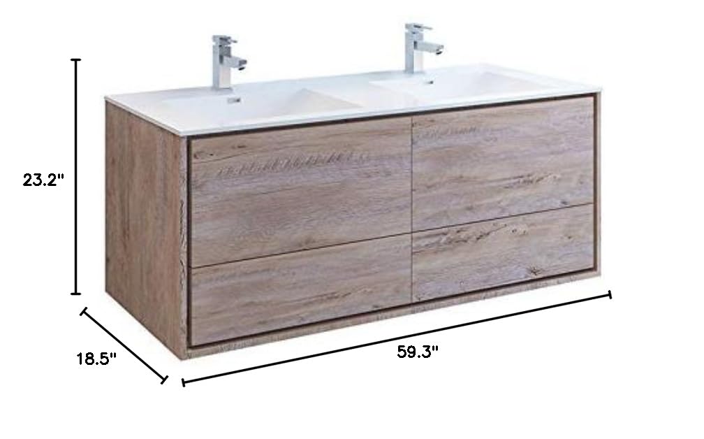 Fresca FCB9260RNW-D-I Fresca Catania 60" Rustic Natural Wood Wall Hung Modern Bathroom Cabinet w/ Integrated Double Sink