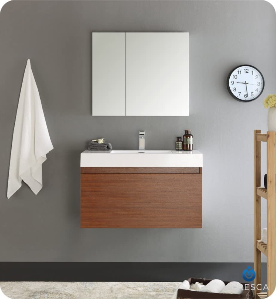 Fresca FCB8008TK Fresca Mezzo 36" Teak Wall Hung Modern Bathroom Cabinet