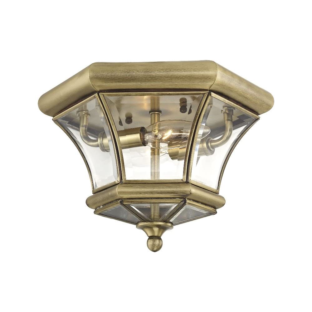 Livex Lighting 7052-91 Monterey 2 Light Outdoor/Indoor Brushed Nickel Finish Solid Brass Flush Mount with Clear Beveled Glass