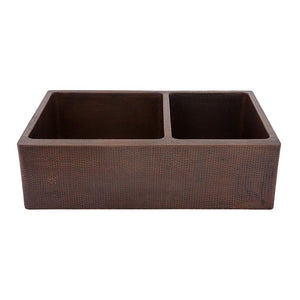Premier Copper Products KA60DB33229 33-Inch Hammered Copper Kitchen Apron 60/40 Double Basin Sink, Oil Rubbed Bronze