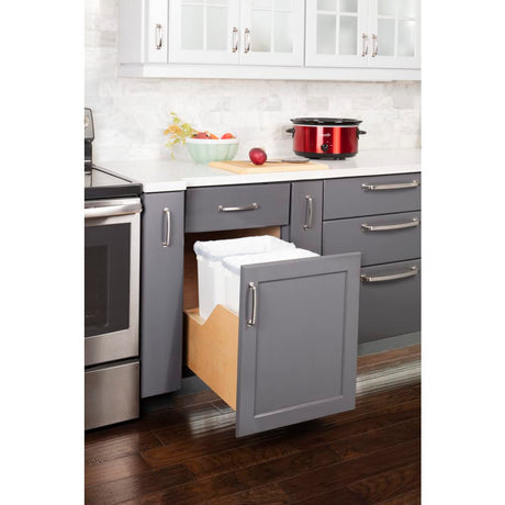 Hardware Resources CDM-WBMD3518WH Double 35 Quart Wood Bottom-Mount Soft-close Trashcan Pullout for Door Mounting, Includes Two White Cans
