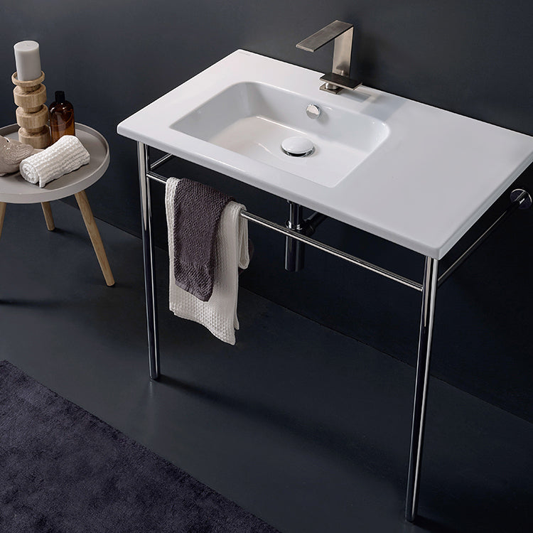 Rectangular Ceramic Console Sink and Polished Chrome Stand, 32"