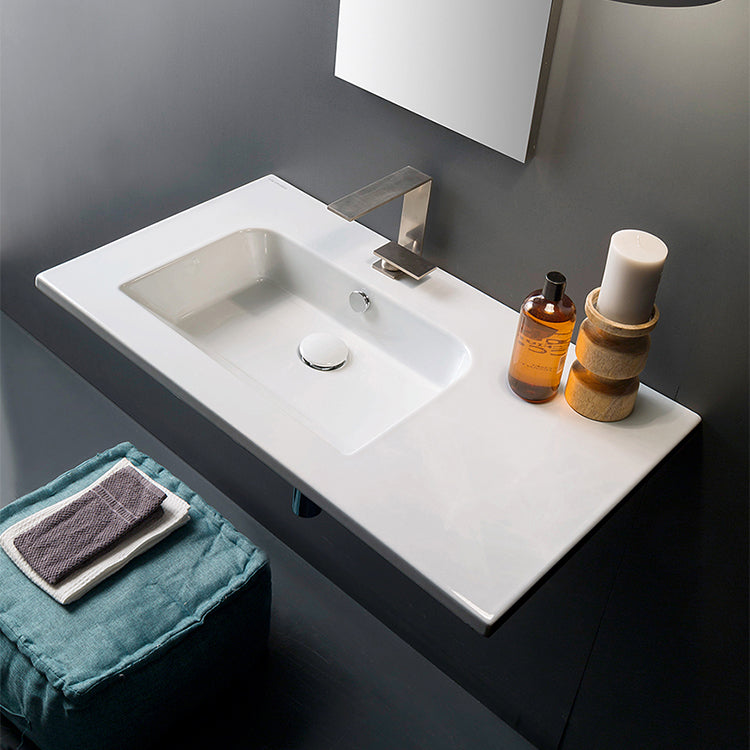 Sleek Rectangular Ceramic Wall Mounted Sink With Counter Space