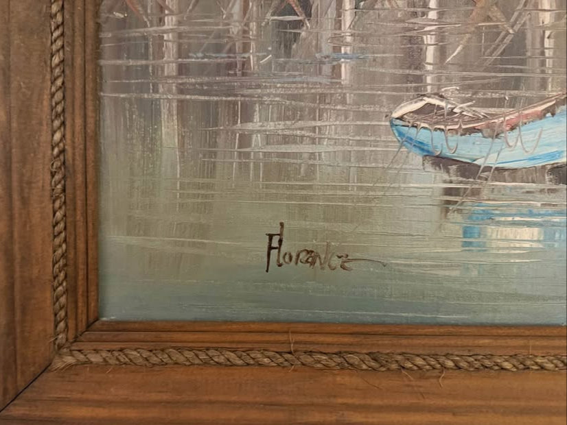 Framed Vintage Harbor Scene Oil Painting – Signed “Florent” - Consignment