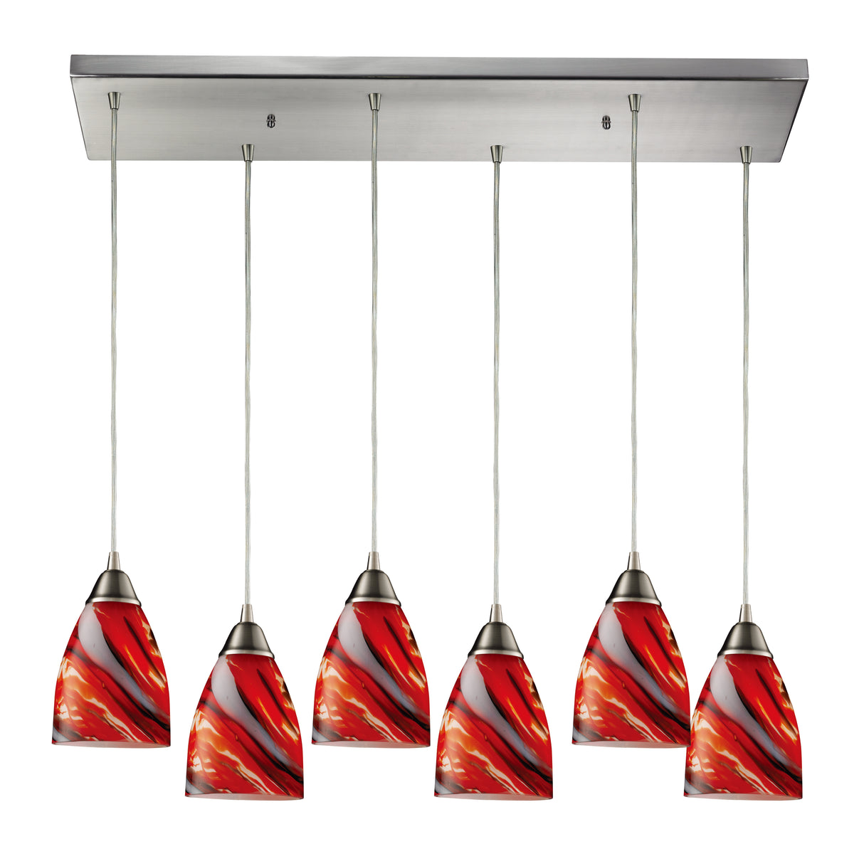 Elk 527-6RC-CY Pierra 30'' Wide 6-Light Pendant - Satin Nickel with Red Candy Glass