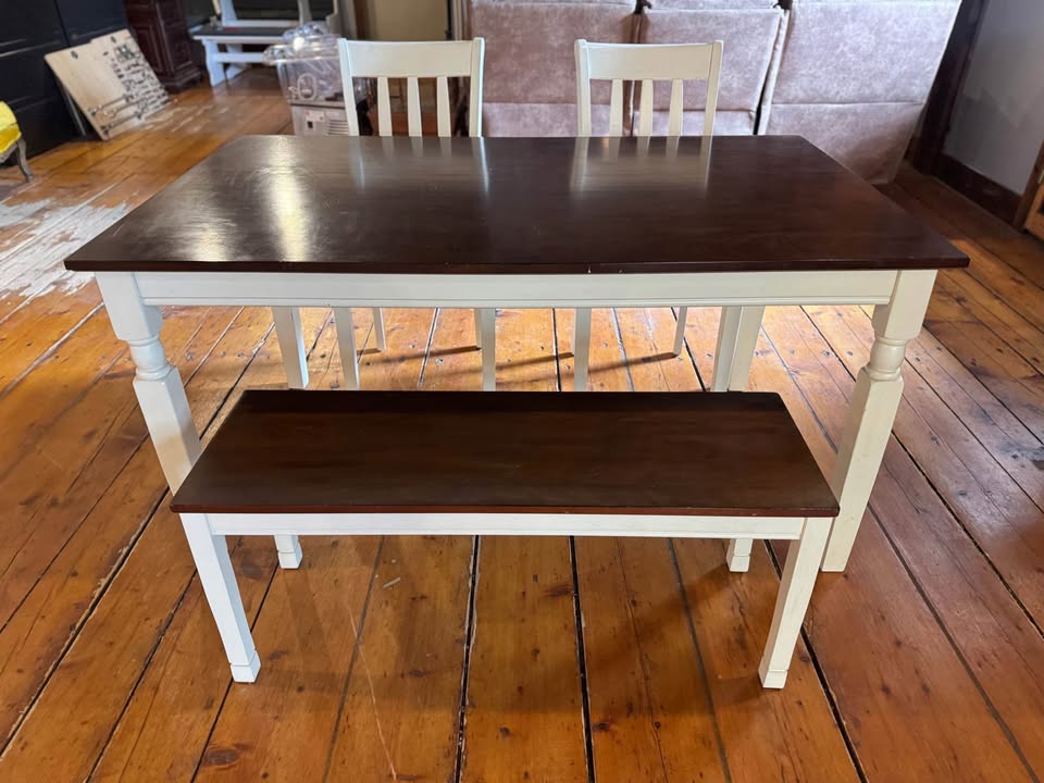 Whitesburg Cottage Style Dining Set – Table + 2 Chairs + Bench – Solid Wood
