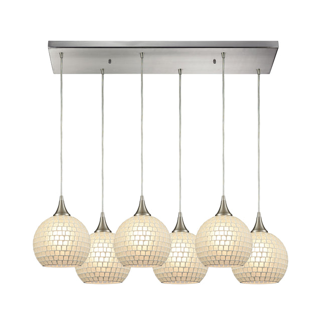 Elk 529-6RC-WHT Fusion 6-Light Rectangular Pendant Fixture in Satin Nickel with White Mosaic Glass