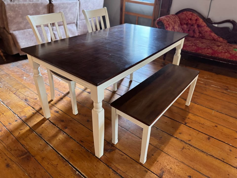 Whitesburg Cottage Style Dining Set – Table + 2 Chairs + Bench – Solid Wood