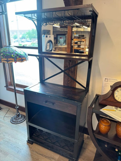 Howard Miller Red Mountain Wine & Bar Cabinet 695138 - Rustic Hardwood Finish, Home Liquor Storage, Hanging Stemware Rack, 14 Bottle Wine Rack (Showroom For Sale) Consignment