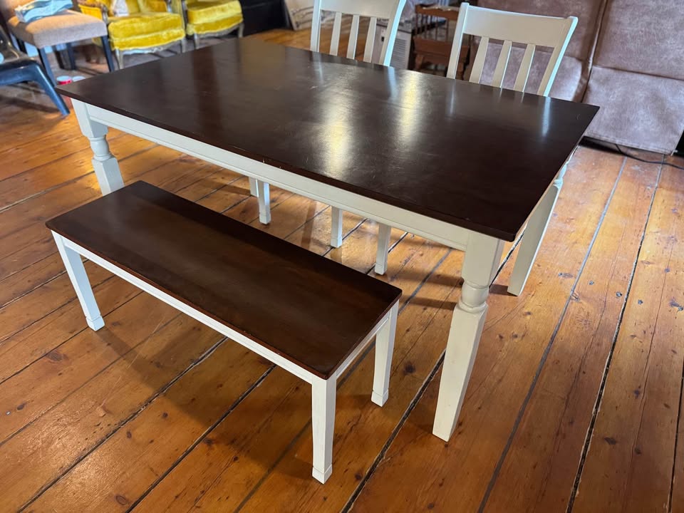 Whitesburg Cottage Style Dining Set – Table + 2 Chairs + Bench – Solid Wood