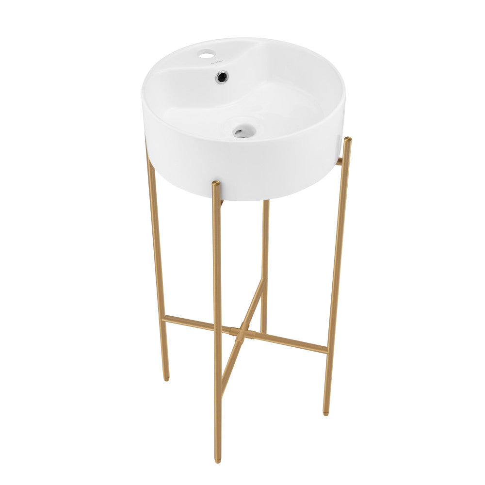 Monaco 15.75" Round Console Sink with Faucet Mount, White Basin Brushed Gold Legs