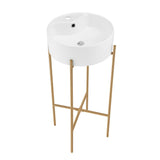 Monaco 15.75" Round Console Sink with Faucet Mount, White Basin Brushed Gold Legs