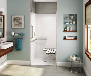 MAAX 106068-000-002-122 OPS-3636-RS - L-Shaped and Vertical Grab Bar and Seat AcrylX Alcove Center Drain One-Piece Shower in White